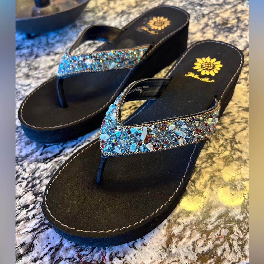 Yellow Box Blue Blinged Wedge Flip Flops Size 9